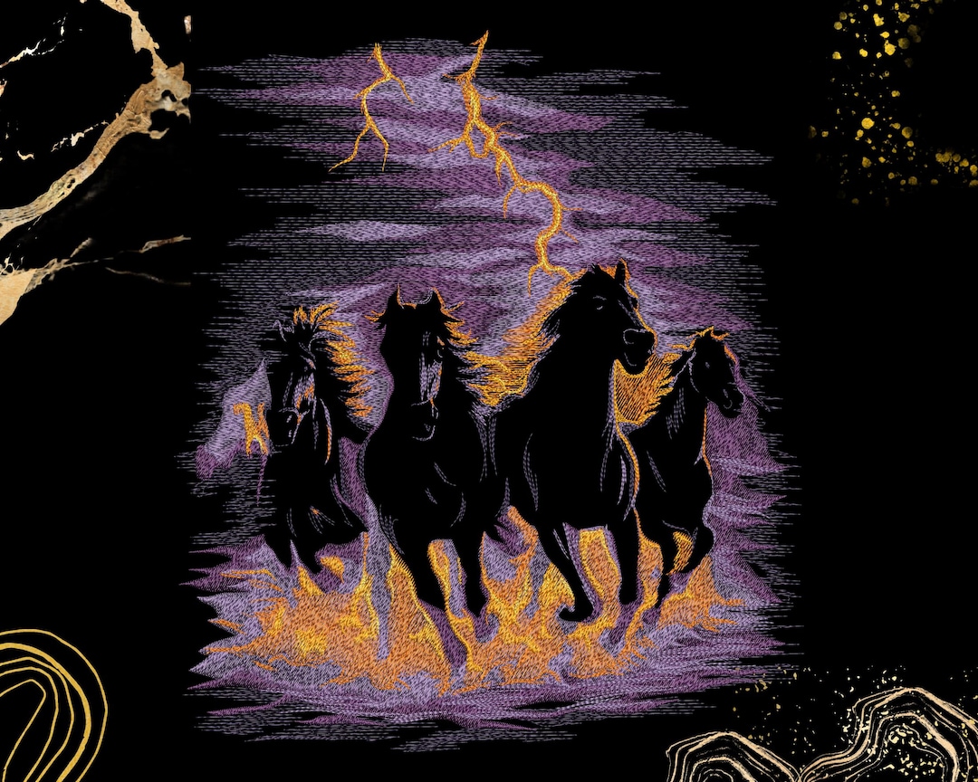 Thunder Horses Embroidery Design | Flaming Neon Gothic Lightning Horses ...