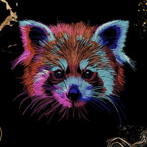 May include: A colorful illustration of a red panda's face against a black background. The artwork features vibrant hues of red, orange, blue, and purple, creating a striking visual effect. Gold accents add a touch of elegance.