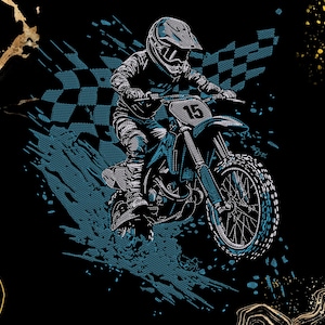 May include: An illustration of a motocross rider on a dirt bike, mid-air. The rider wears a helmet and protective gear. The bike is blue and grey, with the number 15 on the front. A blue and black chequered flag design is in the background, with a black background.