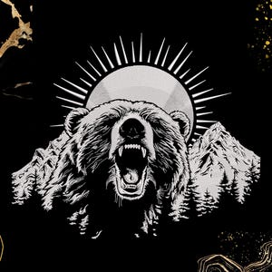 May include: A black and white illustration of a roaring bear with a sun and mountains behind it. The bear is in the center of the image and is facing forward. The sun is behind the bear and is shining brightly. The mountains are in the background and are covered in snow.