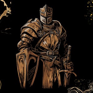 Puede incluir: Una ilustración de color bronce de un caballero con armadura completa sobre un fondo negro. El caballero lleva un casco cerrado, sostiene un escudo grande en la mano derecha y sujeta una espada en la mano izquierda con grabados detallados.