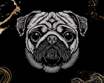 May include: A black and white line drawing of a pug dog's face. The dog has a wrinkled face and big, round eyes.