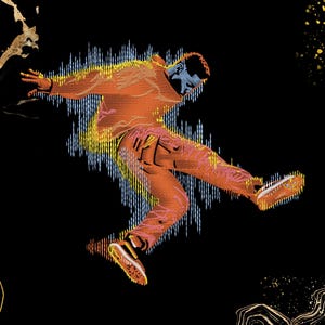 Puede incluir: Ilustración de una persona en el aire, vestida con un mono naranja y zapatillas deportivas. La figura se encuentra sobre un fondo negro con formas abstractas doradas y blancas. La forma de la persona está delineada con líneas y rellena con líneas verticales azules y amarillas.