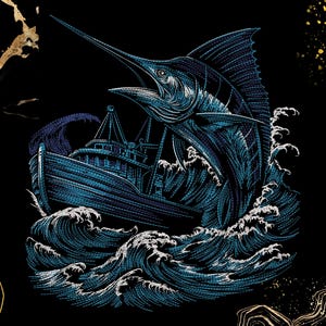 May include: A detailed illustration of a marlin leaping from ocean waves, with a fishing boat in the background. The artwork features shades of blue and white against a black backdrop, creating a dramatic nautical scene.