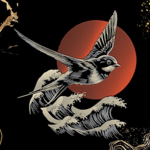 Puede incluir: Ilustración en negro y dorado de un pájaro volando frente a un sol rojo y olas estilizadas. El pájaro está detallado en blanco y negro, con el sol y las olas en tonos dorados y crema.