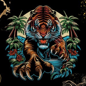 May include: A detailed illustration of a tiger with orange and black stripes, roaring with its mouth open. The tiger is surrounded by palm trees, red flowers, and blue water, set against a cream-coloured sun and a black background.