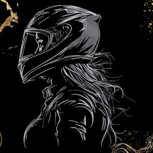 May include: A black and white line drawing of a person wearing a motorcycle helmet. The helmet has a visor and is detailed with lines. The person's hair flows out from under the helmet. The background is black with gold accents.