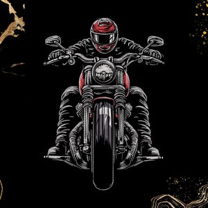 May include: Illustration of a person riding a motorcycle, viewed from the front. The rider wears a red helmet and black leather jacket. The motorcycle is red and black with a large headlight. The background is black with gold accents.