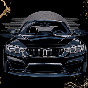 Może przedstawiać: Szczegółowa ilustracja czarnego samochodu sportowego, widok z przodu, ze skomplikowaną linią. Reflektory, grill i nadwozie samochodu są starannie oddane na czarnym tle ze złotymi akcentami. Projekt podkreśla elegancką, nowoczesną estetykę samochodu.