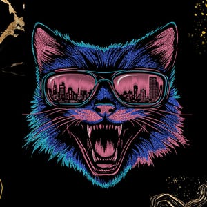 Könnte beinhalten: Eine blaue und pinke Katze mit einem Stadtbild, das sich in ihrer Sonnenbrille spiegelt. Die Katze hat einen grimmigen Ausdruck und ihr Maul ist in einem Knurren geöffnet.