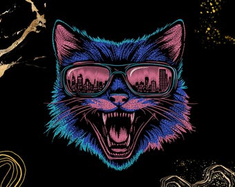 Geborduurde neonkleurige stadskat | Digitaal borduurontwerp | Stedelijke stijl voor jassen, hoodies | Direct downloaden | Cyberpunk-dierenborduurwerk