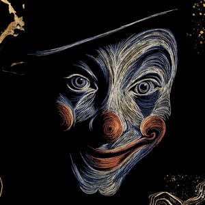 Op de afbeelding: Een gedetailleerd borduurontwerp van een clowngezicht op een zwarte achtergrond. De clown is gemaakt met witte, blauwe en oranje draden die een wervelend, getextureerd effect creëren. Gouden abstracte lijnpatronen zijn zichtbaar in de hoeken.