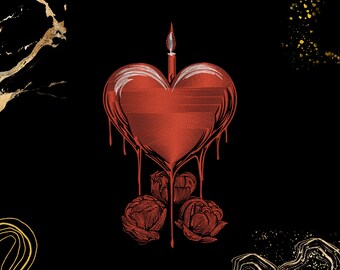 May include: A red heart with a lit candle on top, dripping wax, and three red roses at the bottom.