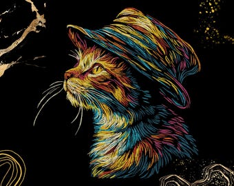 May include: A vibrant illustration of a cat wearing a hat, set against a black backdrop. The cat's fur is depicted in shades of yellow, orange, blue, and pink, with long white whiskers. The hat is also multi-coloured, with a textured appearance.