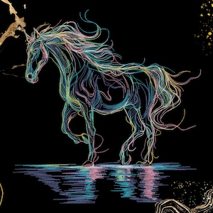 以下が含まれることがあります： 青、緑、ピンクなどの色で描かれた、たてがみと尾が流れる馬のデジタルイラスト。 金色のアクセントが付いた黒い背景に馬が描かれており、印象的なコントラストを生み出しています。