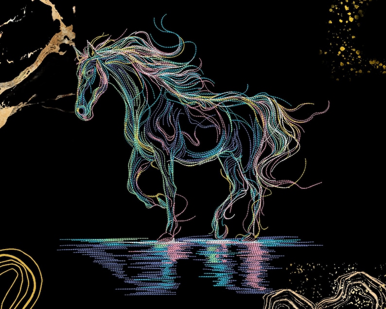 以下が含まれることがあります： 青、緑、ピンクなどの色で描かれた、たてがみと尾が流れる馬のデジタルイラスト。 金色のアクセントが付いた黒い背景に馬が描かれており、印象的なコントラストを生み出しています。