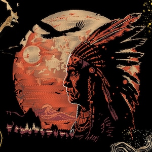 Tribal Elder Silhouette Embroidery | Sunset Feather Headdress Design | Apparel And Decor | Digital Embroidery File | Boho Western Art | Dst