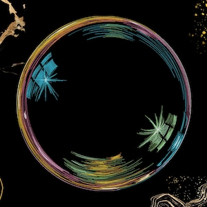 May include: A circular graphic design featuring a vibrant, multi-colored ring composed of fine, dashed lines in shades of blue, green, yellow, and magenta. The ring surrounds a solid black center, accented by abstract gold and black marble patterns.