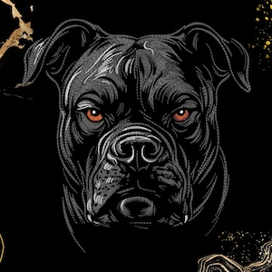 Puede incluir: Ilustración digital de la cabeza de un perro negro con intensos ojos anaranjados. El pelaje del perro está detallado con reflejos blancos, sobre un fondo negro con detalles dorados. La obra captura una expresión seria y concentrada.