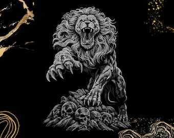 Fierce Claws Lion Embroidery Design | Roaring Lion on Skull Pile, Dark Fantasy Art | Machine Embroidery File (Digital Download)