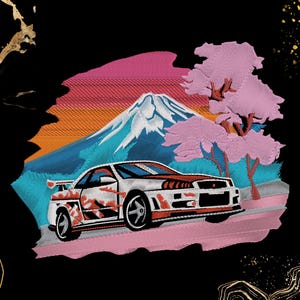 May include: Embroidered design featuring a white sports car with red accents, set against a backdrop of Mount Fuji, a pink sky, and cherry blossom trees. The artwork is set on a black background with gold accents.