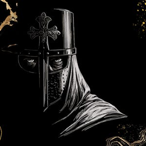 Può includere: Illustrazione in bianco e nero di un cavaliere medievale con elmo e simbolo della croce. Il volto del cavaliere è parzialmente nascosto dall'elmo e da un drappo. Sfondo nero con dettagli dorati.