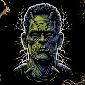May include: A detailed illustration of Frankenstein's monster against a black background. The monster is depicted with green skin, dark blue hair, and bolts in his neck. White lightning bolts and yellow rays emanate from the monster's head.