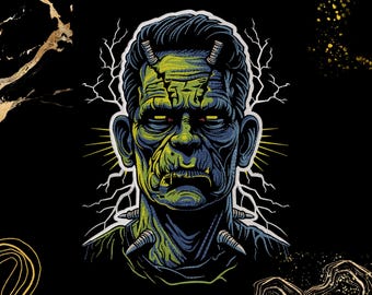 May include: A detailed illustration of Frankenstein's monster against a black background. The monster is depicted with green skin, dark blue hair, and bolts in his neck. White lightning bolts and yellow rays emanate from the monster's head.