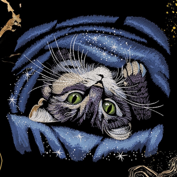 Cute Cat Embroidery Design | Galaxy Blanket Kitten Theme | For Cat Lovers & Night Sky Fan | Digital Download | Starry, Black Fabric Friendly