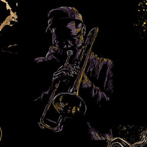 Könnte beinhalten: Eine stilisierte grafische Illustration eines Musikers, der Posaune spielt, in Violett- und Goldtönen vor einem einfarbigen schwarzen Hintergrund. Das Kunstwerk zeichnet sich durch feine Linienführung und abstrakte goldene Akzente aus.