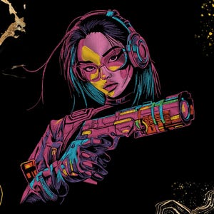 Op de afbeelding: Digitale kunstillustratie van een persoon met een koptelefoon en bril die een kleurrijk pistool vasthoudt. Het kunstwerk heeft een levendig kleurenpalet van roze, geel, blauw en oranje tegen een zwarte achtergrond. De stijl doet denken aan een cyberpunk-esthetiek.