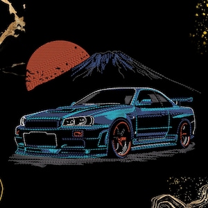 Könnte beinhalten: Eine grafische Illustration eines blauen Sportwagens mit Heckspoiler, platziert vor einer großen orangefarbenen Sonne und einer dunklen Bergsilhouette. Das Design zeigt filigrane Linien in Blau- und Orangetönen auf einem schwarzen Hintergrund.