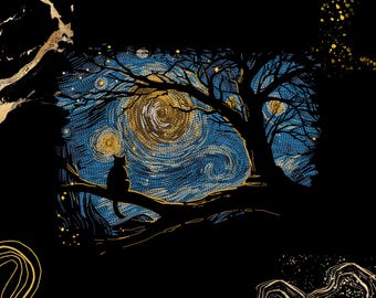 Cat Embroidery Pattern | Starry Night Cat Silhouette | Machine Embroidery Design | Instant Download | Van Gogh Inspired Art | Hoop Art