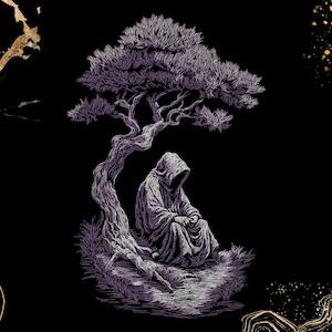 May include: Illustration of a robed figure seated beneath a stylized tree with a dark, mysterious aesthetic. The artwork features intricate linework and a muted purple and black color palette, evoking a sense of solitude and contemplation.