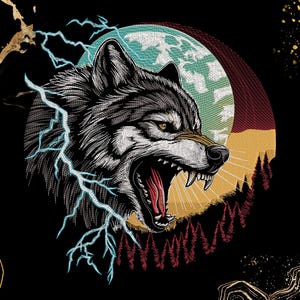 May include: A detailed illustration of a wolf with an open mouth, baring its teeth. The wolf is set against a backdrop of a full moon, lightning, and a forest silhouette, all on a black background.
