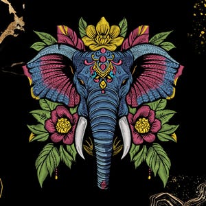 May include: A colourful illustration of an elephant's head with floral accents. The elephant is blue and pink with intricate details. The flowers are pink, yellow, and green.