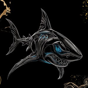 Puede incluir: Una ilustración gráfica de un tiburón realizada con líneas blancas sobre un fondo negro. El tiburón presenta un ojo azul penetrante y dientes afilados, acentuado por patrones abstractos de color dorado similares al mármol en las esquinas.