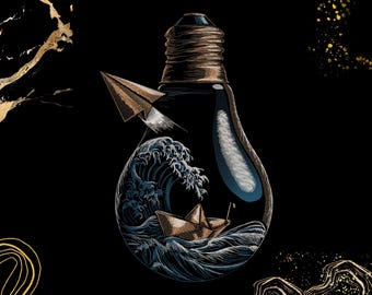 May include: A graphic illustration on a black background featuring a lightbulb containing a turbulent ocean wave and a small paper boat. A paper aeroplane is positioned outside the bulb, with gold-coloured abstract accents in the corners.