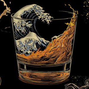 May include: A clear glass tumbler featuring a detailed illustration of a large, stylized ocean wave in shades of white and blue, transitioning into a swirling amber liquid texture that fills the lower portion of the glass against a black background.