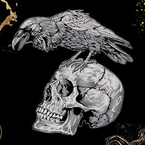 May include: A monochrome illustration featuring a raven perched on a human skull. The raven's feathers and the skull's bone structure are intricately detailed. The background is black with gold decorative elements.