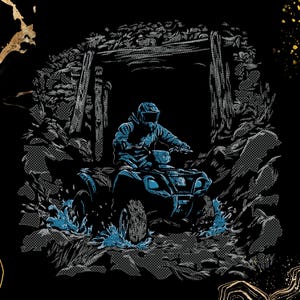 Puede incluir: Una ilustración gráfica sobre fondo negro que muestra a una persona con casco conduciendo un vehículo todoterreno a través de un pasaje rocoso con agua. Se utilizan líneas azules y blancas para representar el vehículo y el terreno.