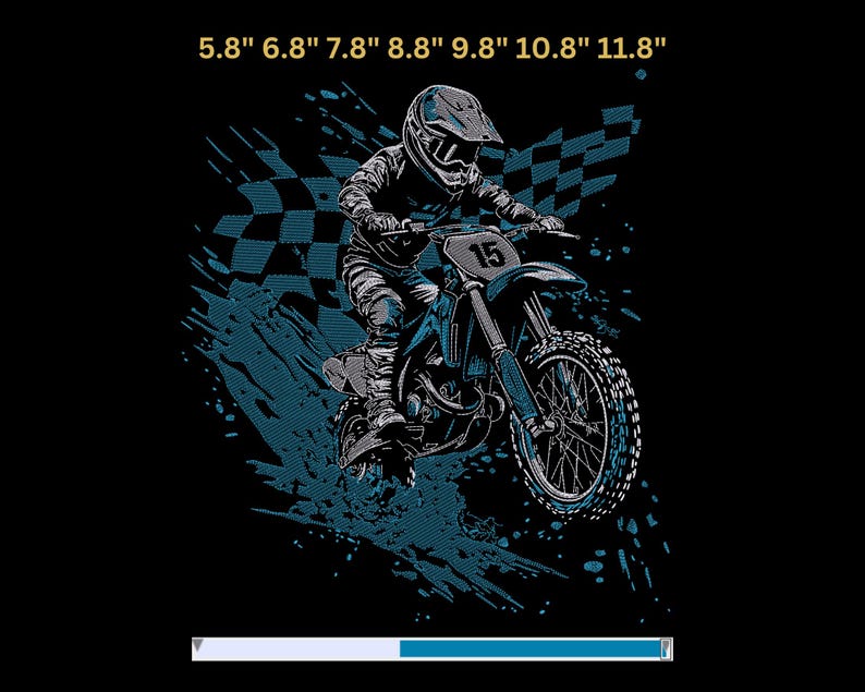 Puede incluir: Gr&aacute;fico negro que muestra a un piloto de motocross en una moto azul en pleno salto. El piloto lleva casco y equipo. Una bandera a cuadros y un efecto de salpicaduras azules est&aacute;n en el fondo. El n&uacute;mero "15" es visible en la moto.