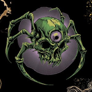 May include: A graphic illustration featuring a green, multi-legged spider-like creature with a skull-shaped head and a single, prominent purple eye in the center. The design is set against a solid black background with subtle gold accents.