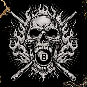Puede incluir: Diseño gráfico en blanco y negro que presenta una calavera con llamas, una bola de billar con el número 8 y tacos de billar cruzados. El diseño tiene una estética vintage detallada, adecuado para ropa o decoración.