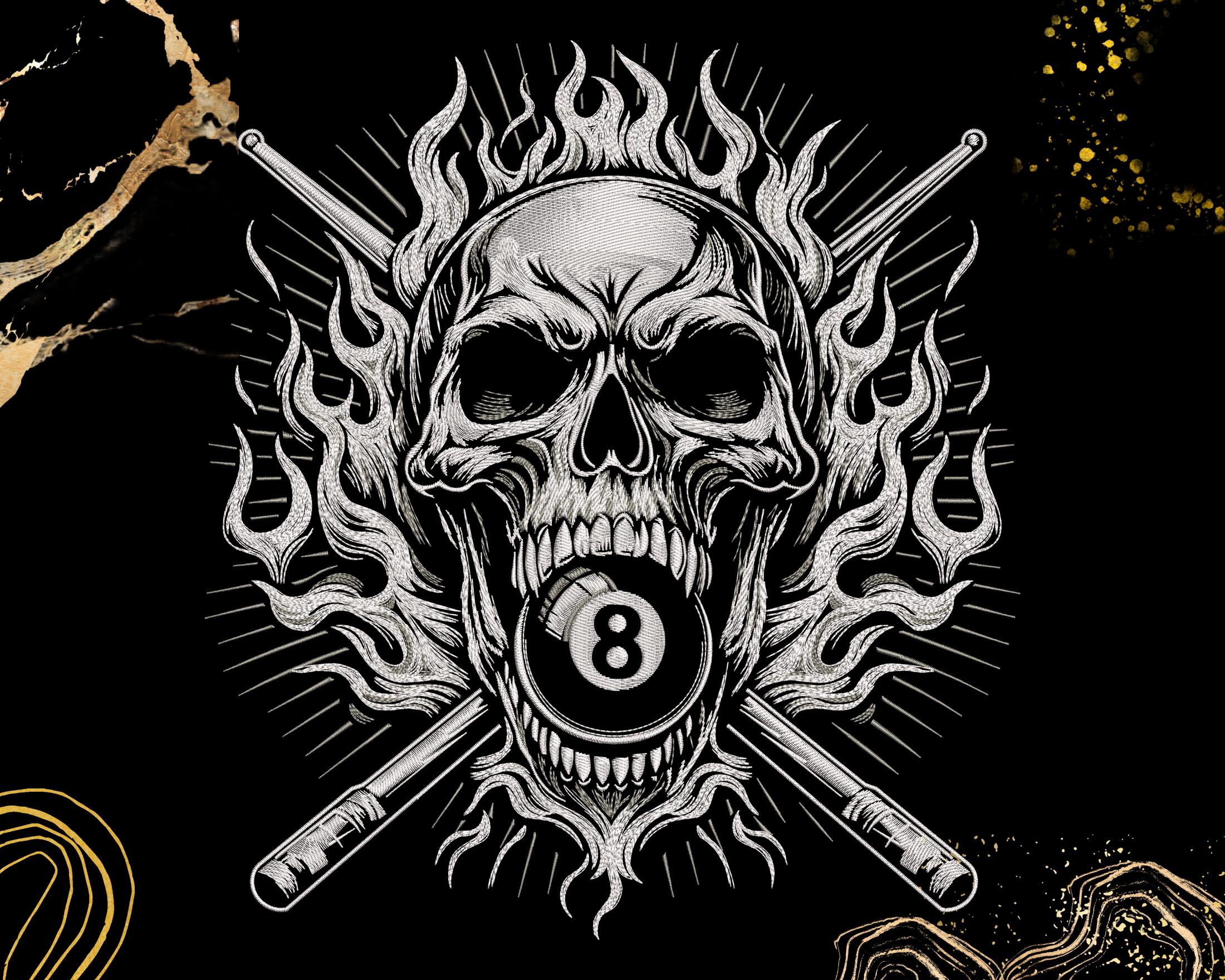 Flaming Biker Skull With 8 Ball Embroidery | Skull Design | Jacket ...
