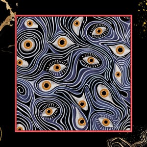 May include: A black and blue abstract pattern with multiple stylized eyes with gold pupils. The eyes are arranged in a swirling pattern.