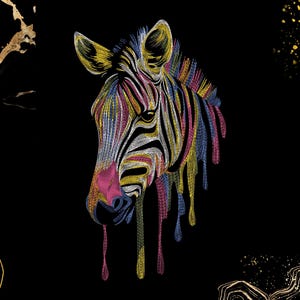Zebrabroderidesign | Färgglad smältande djurkonst | Direkt nedladdning för maskinbroderi | Digital fil | Drypande regnbågsränder