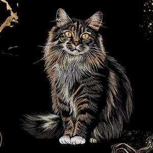 May include: A detailed illustration of a long-haired cat with brown, black, and white fur, set against a black background. The cat has yellow eyes and is sitting upright. Gold accents are in the background.