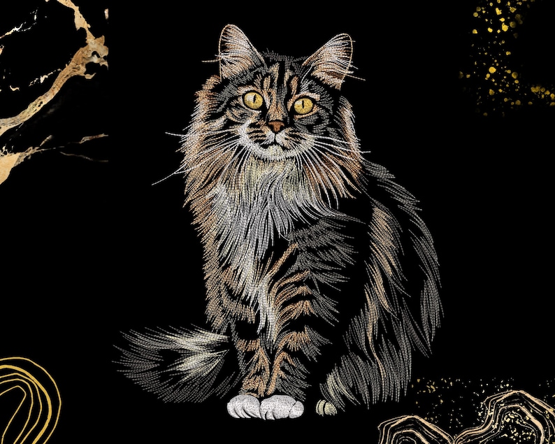 May include: A detailed illustration of a long-haired cat with brown, black, and white fur, set against a black background. The cat has yellow eyes and is sitting upright. Gold accents are in the background.