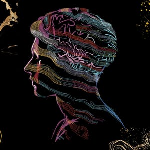 May include: An artistic illustration of a human profile against a black background. The profile is constructed from colourful, flowing lines in shades of blue, pink, yellow, and orange, suggesting the form of a brain. Gold accents are scattered around the edges.